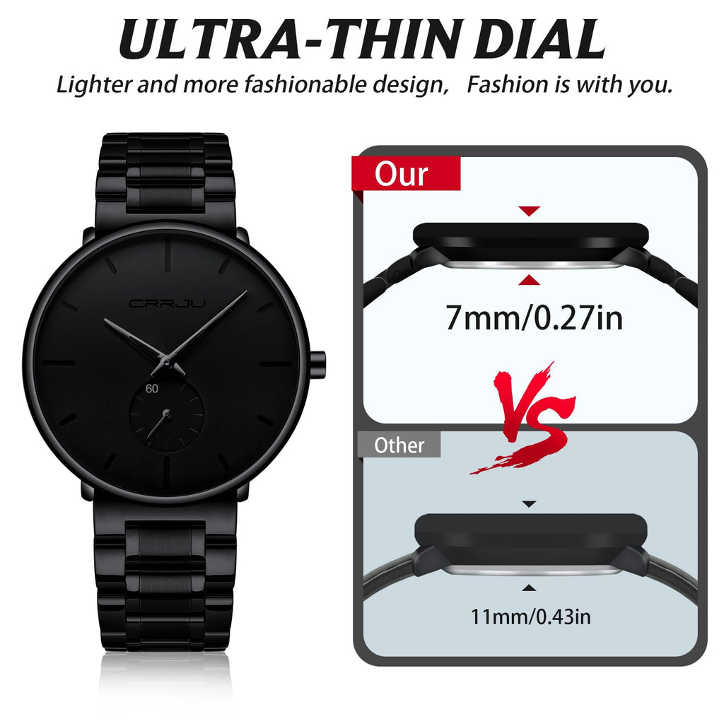 Mens Watches Ultra-Thin Minimalist Waterproof-Fashion Wrist Watch for Men Unisex Dress with Stainless Steel Band-Black Hands
