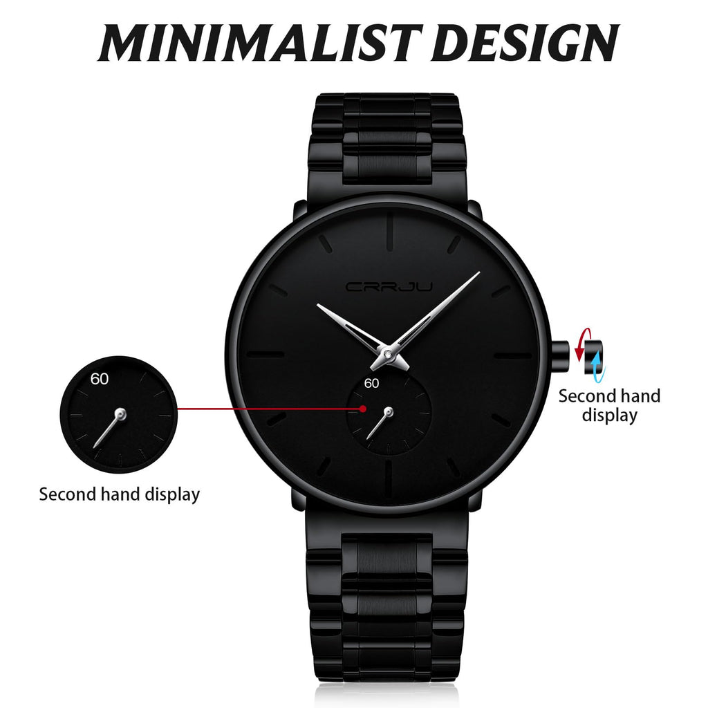 Mens Watches Ultra-Thin Minimalist Waterproof-Fashion Wrist Watch for Men Unisex Dress with Stainless Steel Band-Black Hands