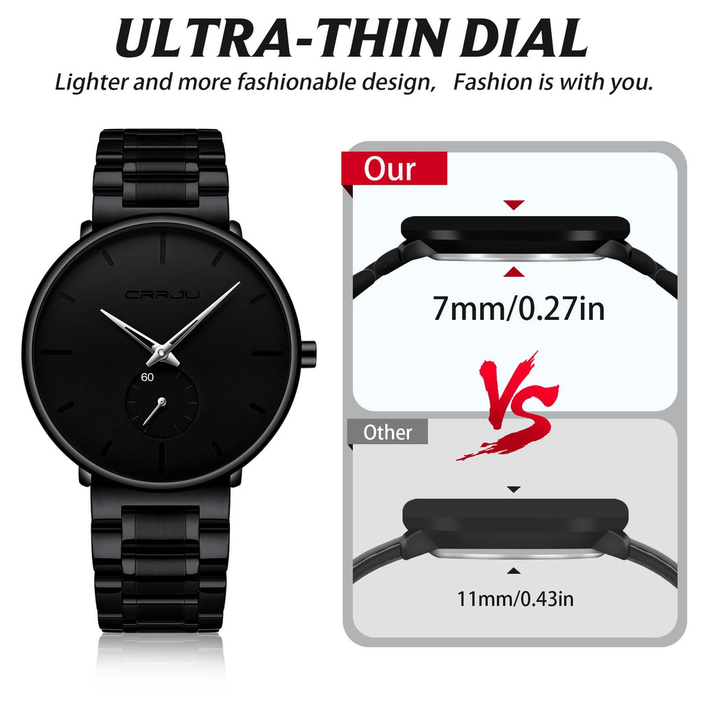 Mens Watches Ultra-Thin Minimalist Waterproof-Fashion Wrist Watch for Men Unisex Dress with Stainless Steel Band-Black Hands