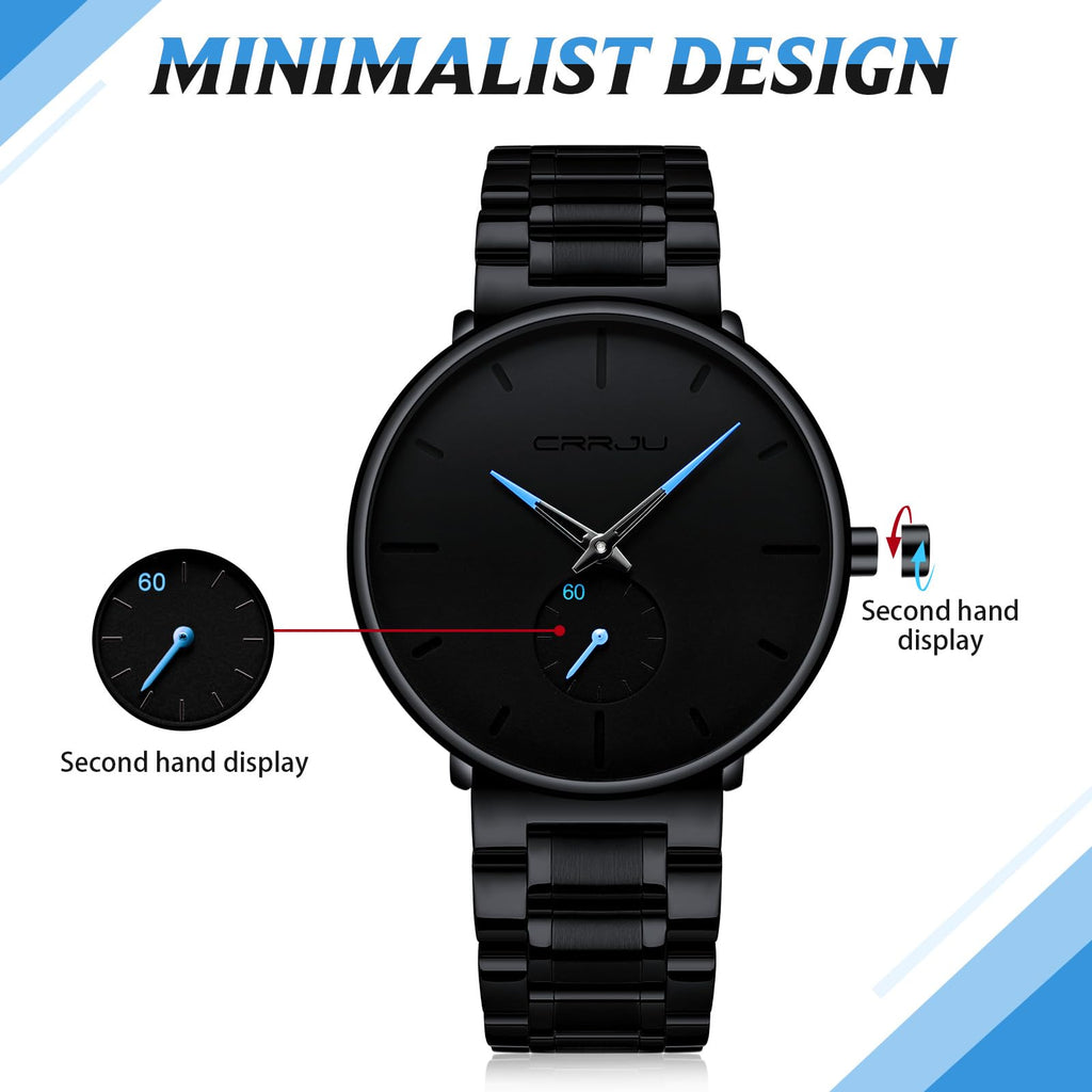 Mens Watches Ultra-Thin Minimalist Waterproof-Fashion Wrist Watch for Men Unisex Dress with Stainless Steel Band-Black Hands