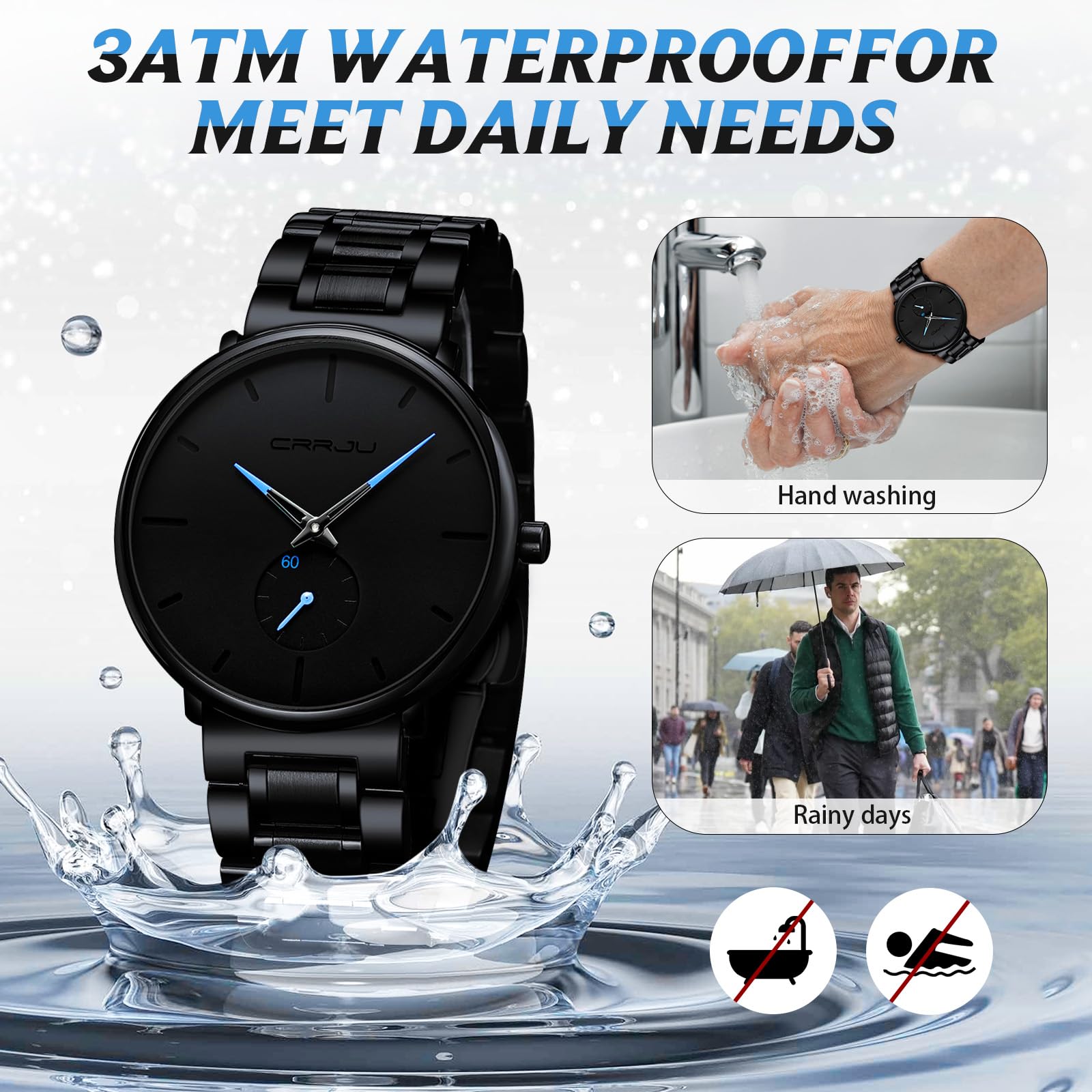 Mens Watches Ultra-Thin Minimalist Waterproof-Fashion Wrist Watch for Men Unisex Dress with Stainless Steel Band-Black Hands
