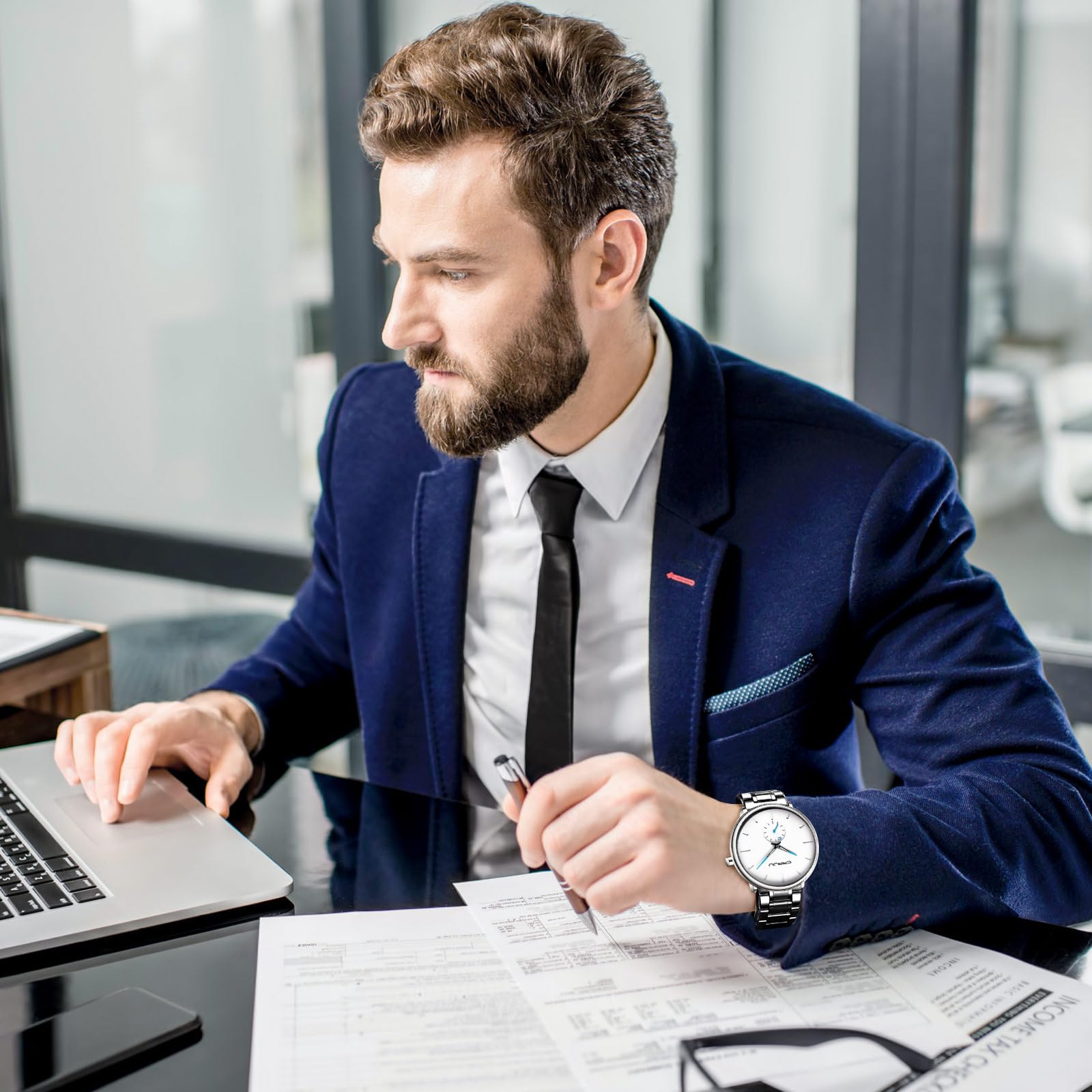 Mens Watches Ultra-Thin Minimalist Waterproof-Fashion Wrist Watch for Men Unisex Dress with Stainless Steel Band-Black Hands