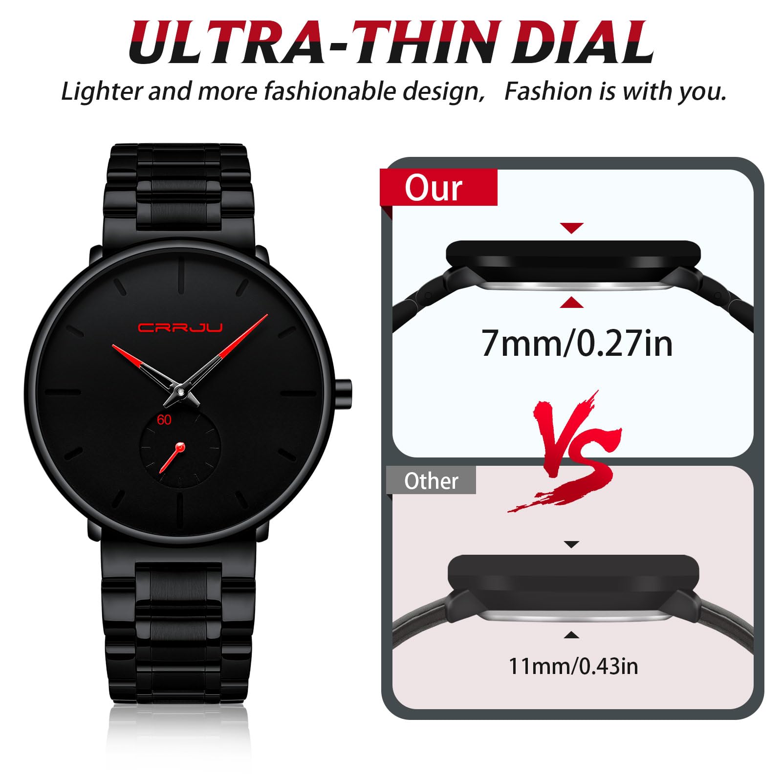 Mens Watches Ultra-Thin Minimalist Waterproof-Fashion Wrist Watch for Men Unisex Dress with Stainless Steel Band-Black Hands