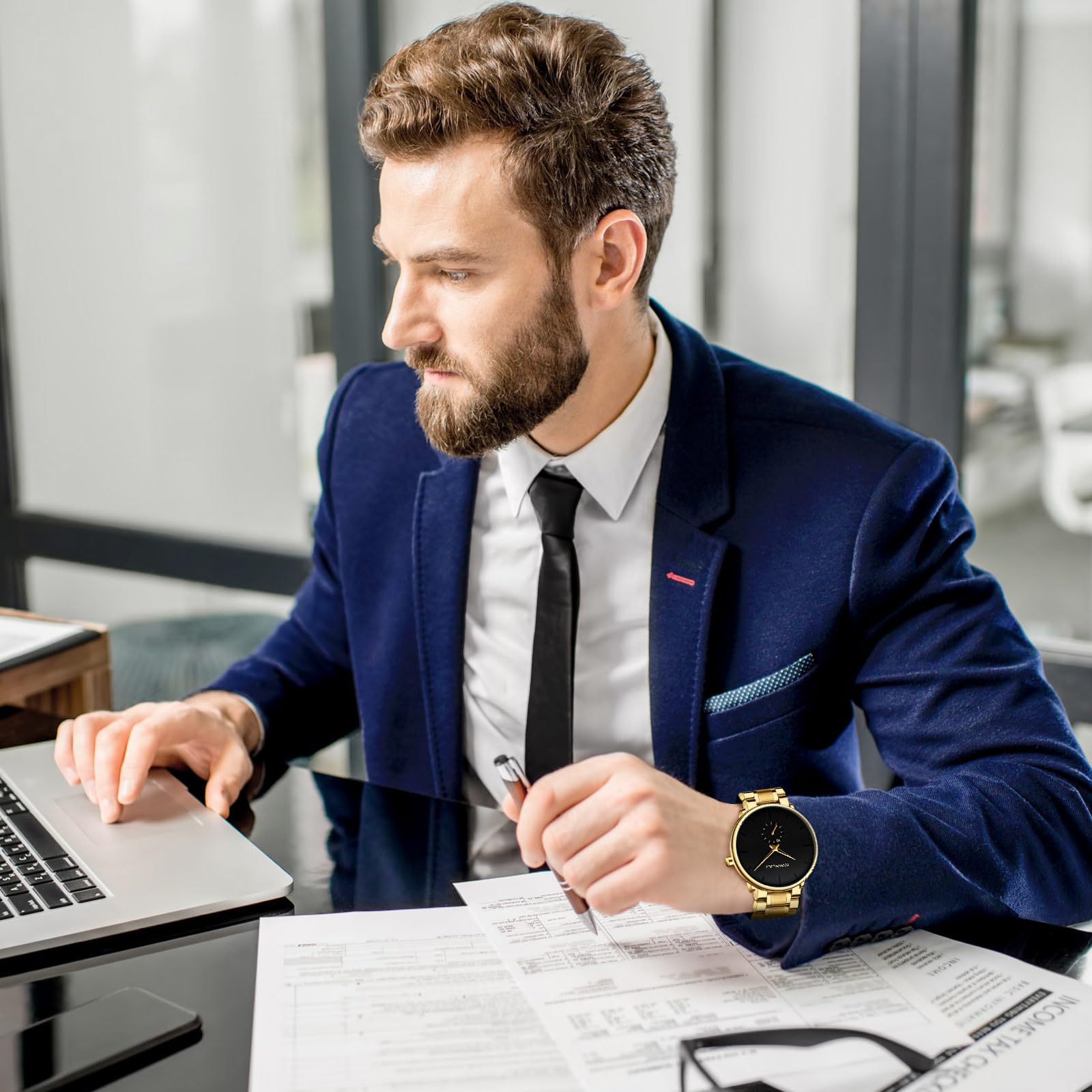 Mens Watches Ultra-Thin Minimalist Waterproof-Fashion Wrist Watch for Men Unisex Dress with Stainless Steel Band-Black Hands