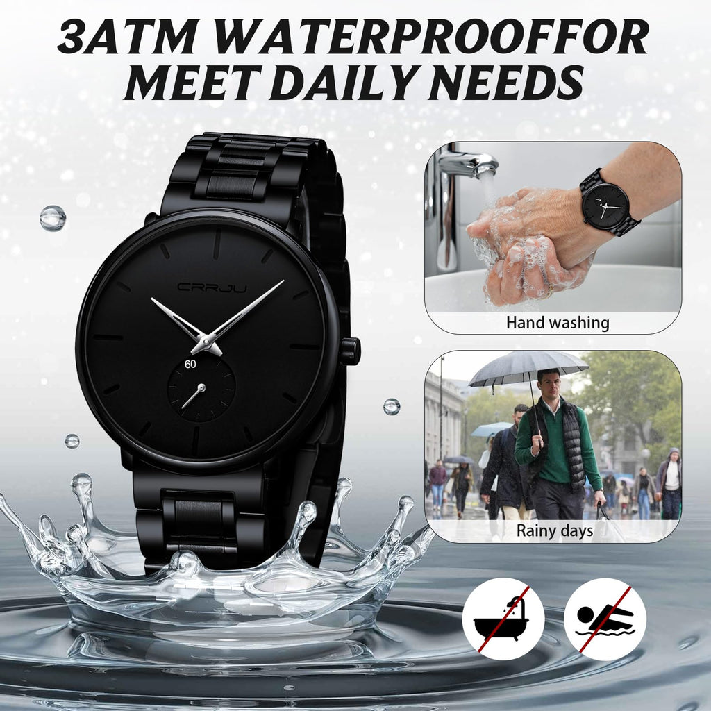 Mens Watches Ultra-Thin Minimalist Waterproof-Fashion Wrist Watch for Men Unisex Dress with Stainless Steel Band-Black Hands