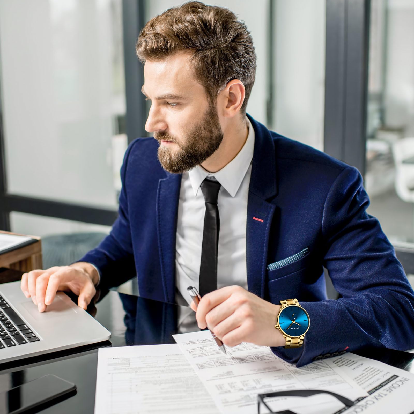 Mens Watches Ultra-Thin Minimalist Waterproof-Fashion Wrist Watch for Men Unisex Dress with Stainless Steel Band-Black Hands