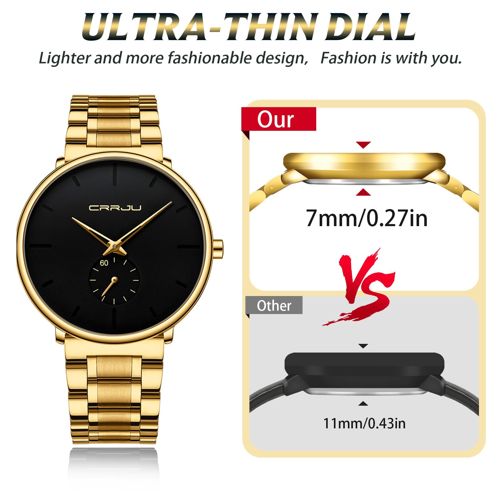 Mens Watches Ultra-Thin Minimalist Waterproof-Fashion Wrist Watch for Men Unisex Dress with Stainless Steel Band-Black Hands