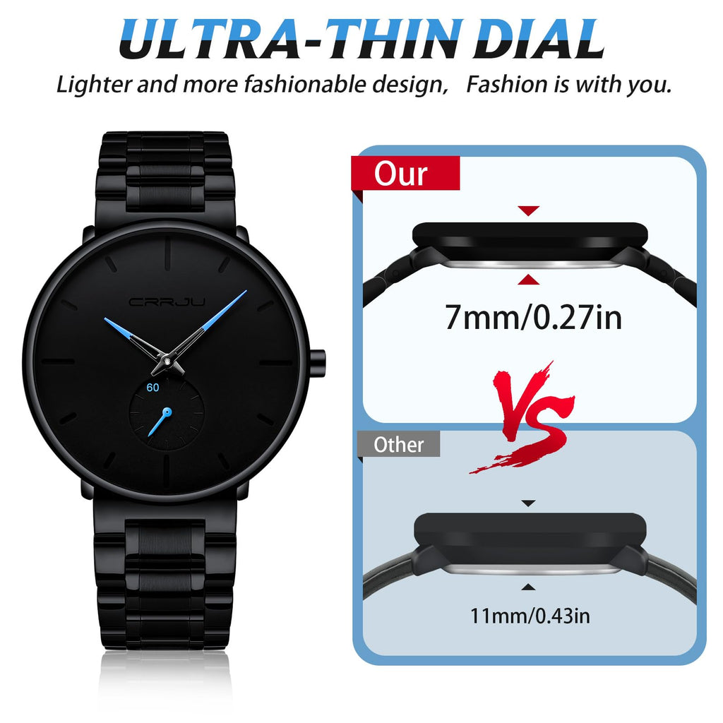 Mens Watches Ultra-Thin Minimalist Waterproof-Fashion Wrist Watch for Men Unisex Dress with Stainless Steel Band-Black Hands