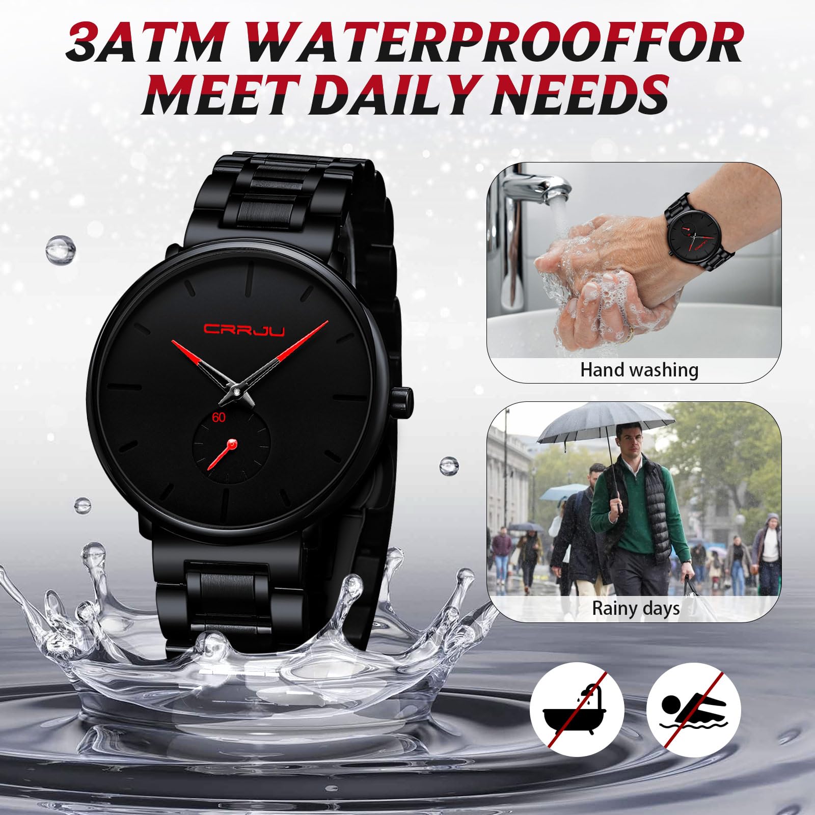 Mens Watches Ultra-Thin Minimalist Waterproof-Fashion Wrist Watch for Men Unisex Dress with Stainless Steel Band-Black Hands