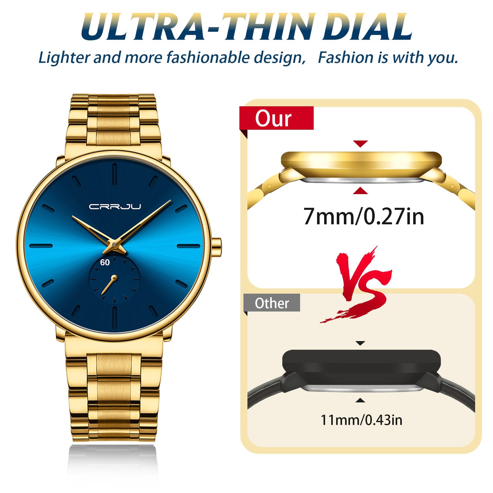 Mens Watches Ultra-Thin Minimalist Waterproof-Fashion Wrist Watch for Men Unisex Dress with Stainless Steel Band-Black Hands