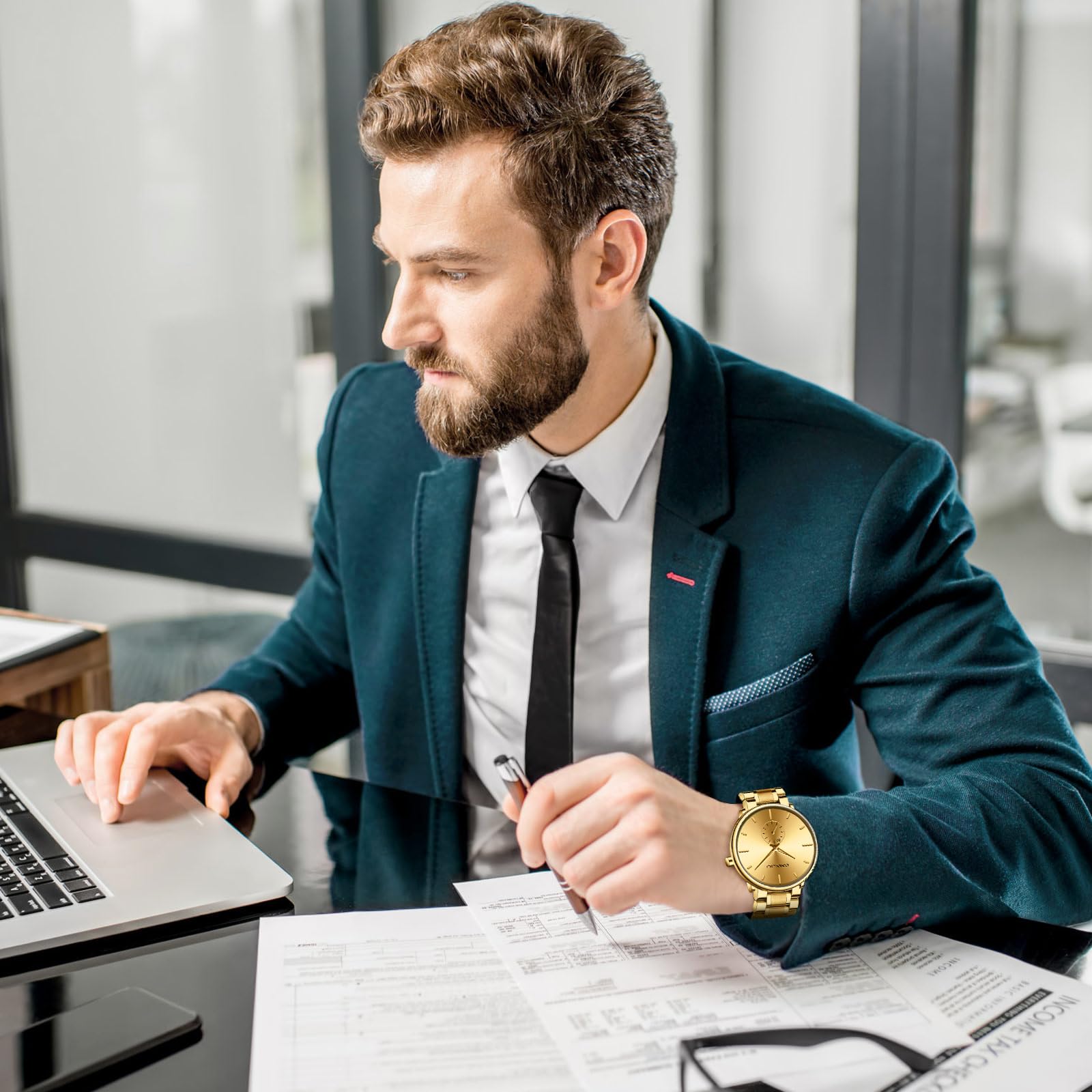 Mens Watches Ultra-Thin Minimalist Waterproof-Fashion Wrist Watch for Men Unisex Dress with Stainless Steel Band-Black Hands