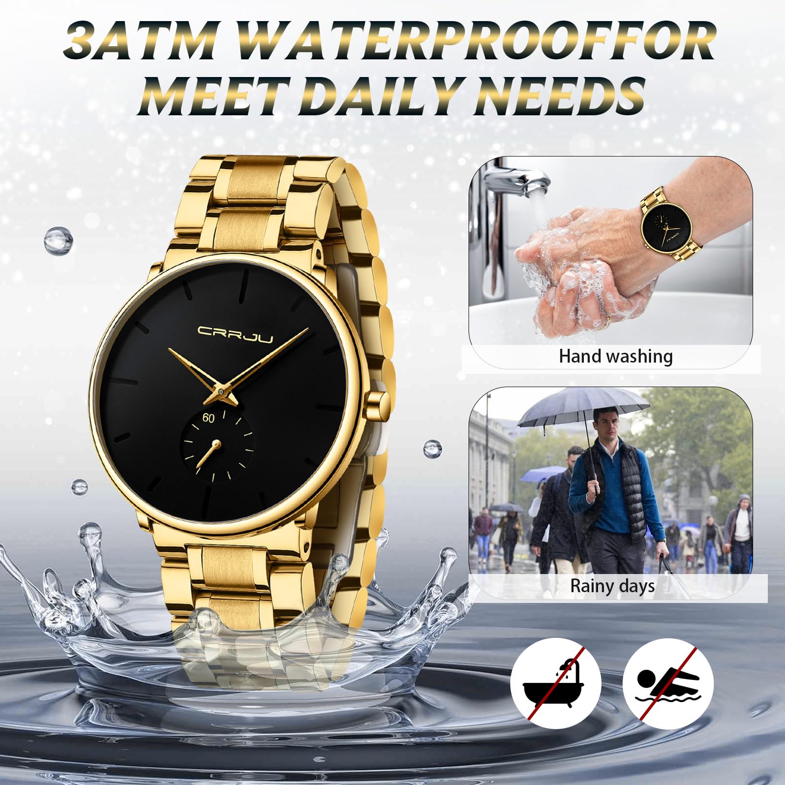 Mens Watches Ultra-Thin Minimalist Waterproof-Fashion Wrist Watch for Men Unisex Dress with Stainless Steel Band-Black Hands